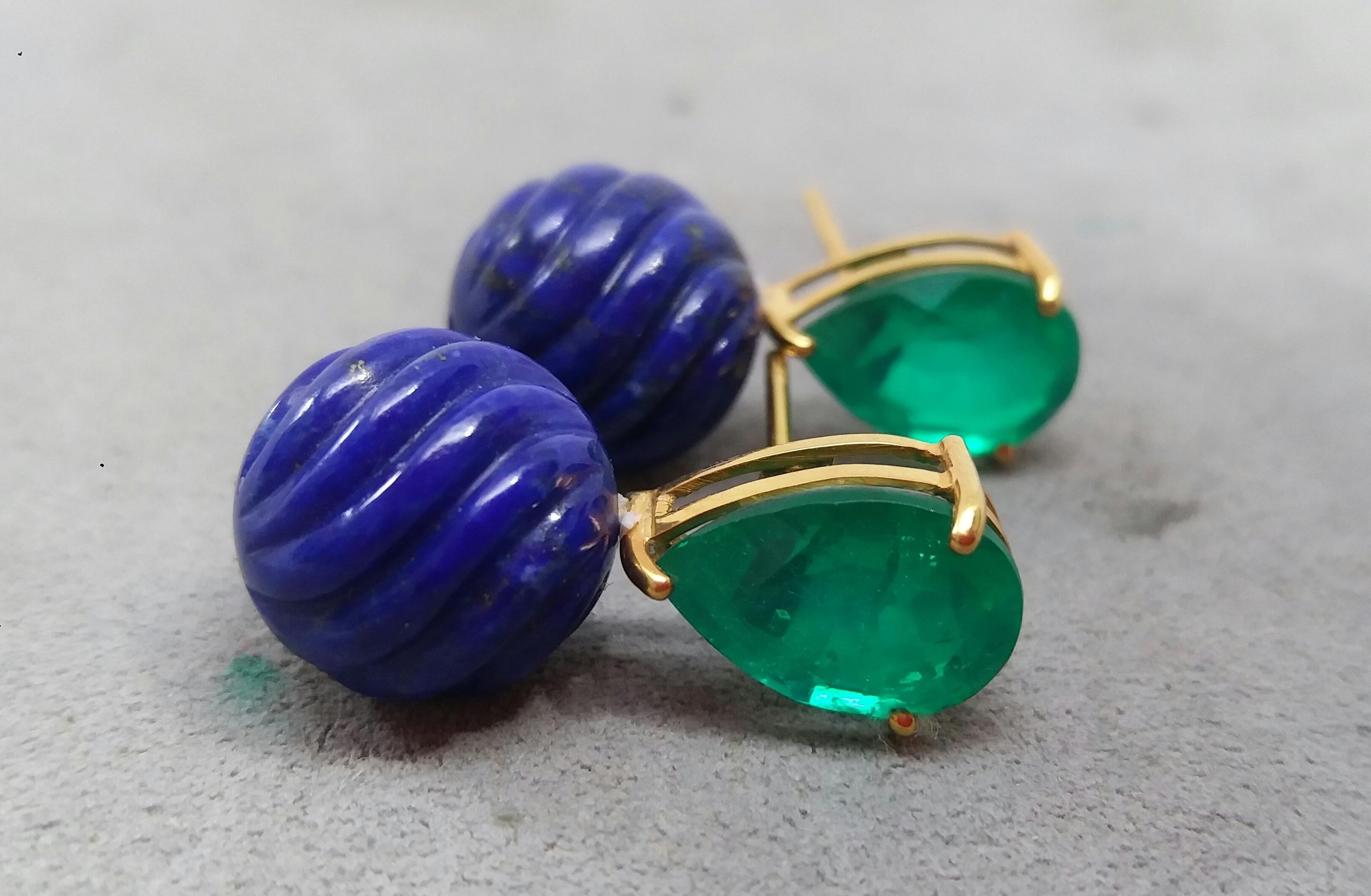 Pear Cut Carved Lapis Lazuli Round Beads Green Quartz 14 Karat Yellow Gold Earrings