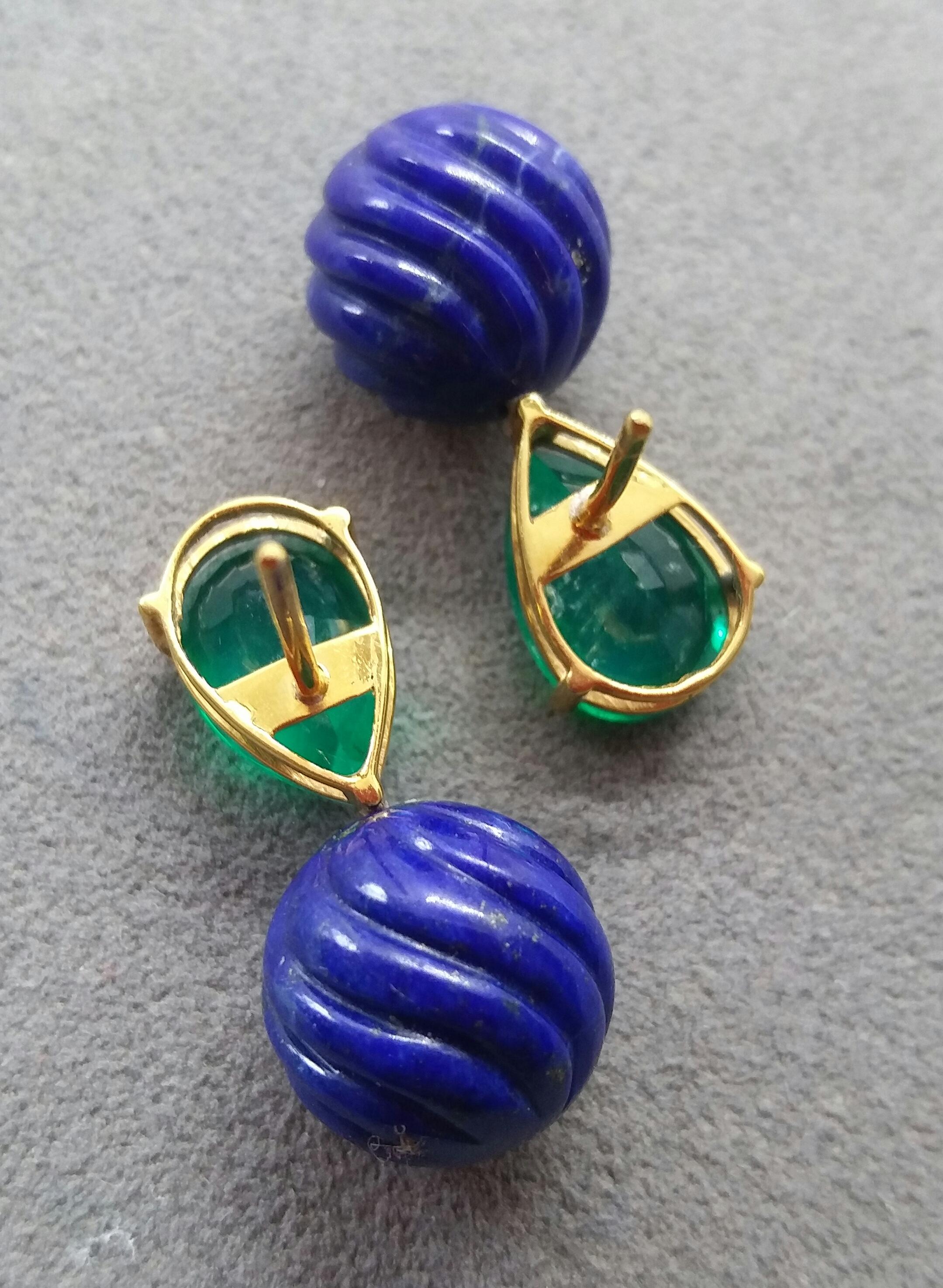 Women's Carved Lapis Lazuli Round Beads Green Quartz 14 Karat Yellow Gold Earrings