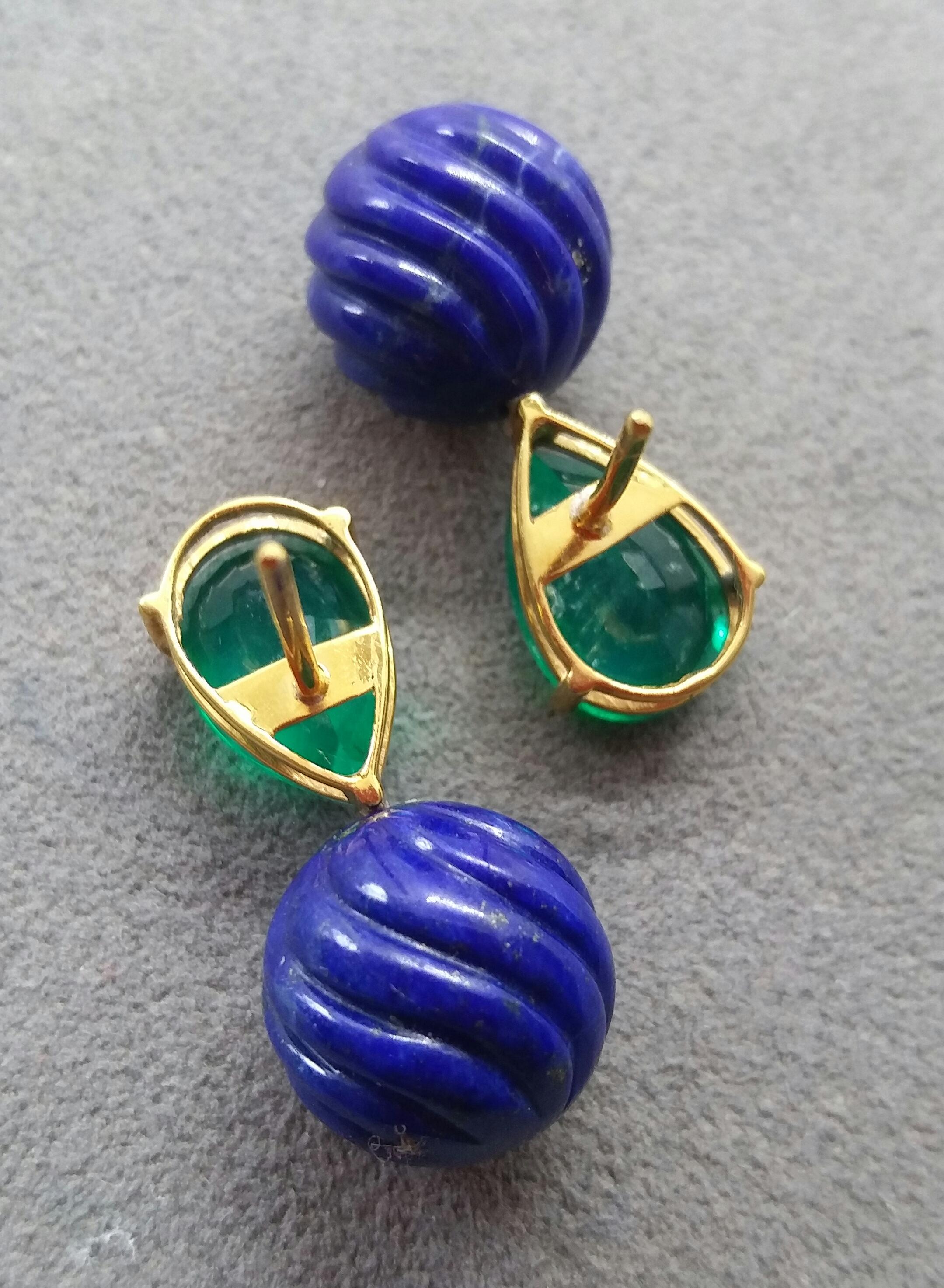 Women's Carved Lapis Lazuli Round Beads Green Quartz 14 Karat Yellow Gold Earrings For Sale