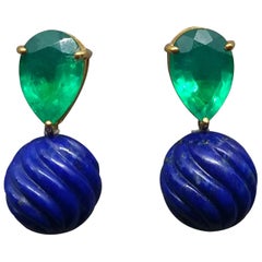 Carved Lapis Lazuli Round Beads Green Quartz 14 Karat Yellow Gold Earrings