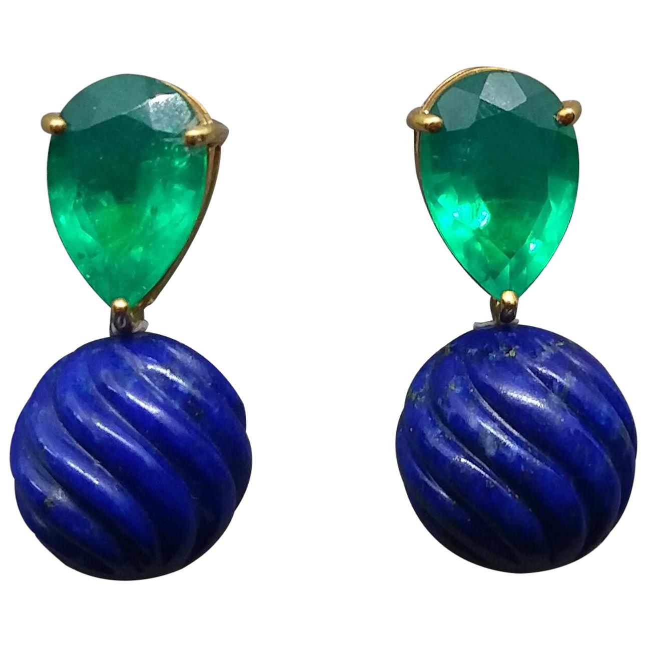 Carved Lapis Lazuli Round Beads Green Quartz 14 Karat Yellow Gold Earrings For Sale