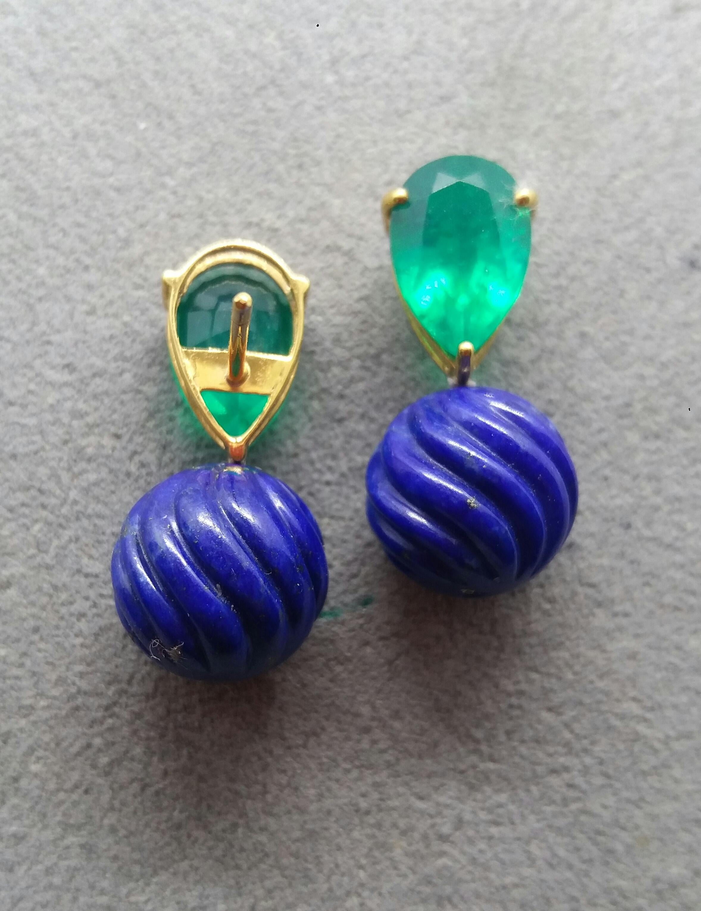 Women's Carved Lapis Lazuli Round Beads Green Quartz 14 Karat Yellow Gold Earrings For Sale