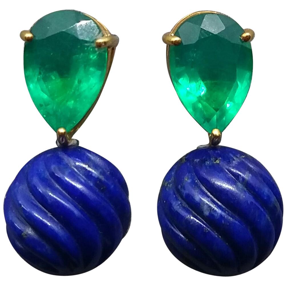 Carved Lapis Lazuli Round Beads Green Quartz 14 Karat Yellow Gold Earrings For Sale