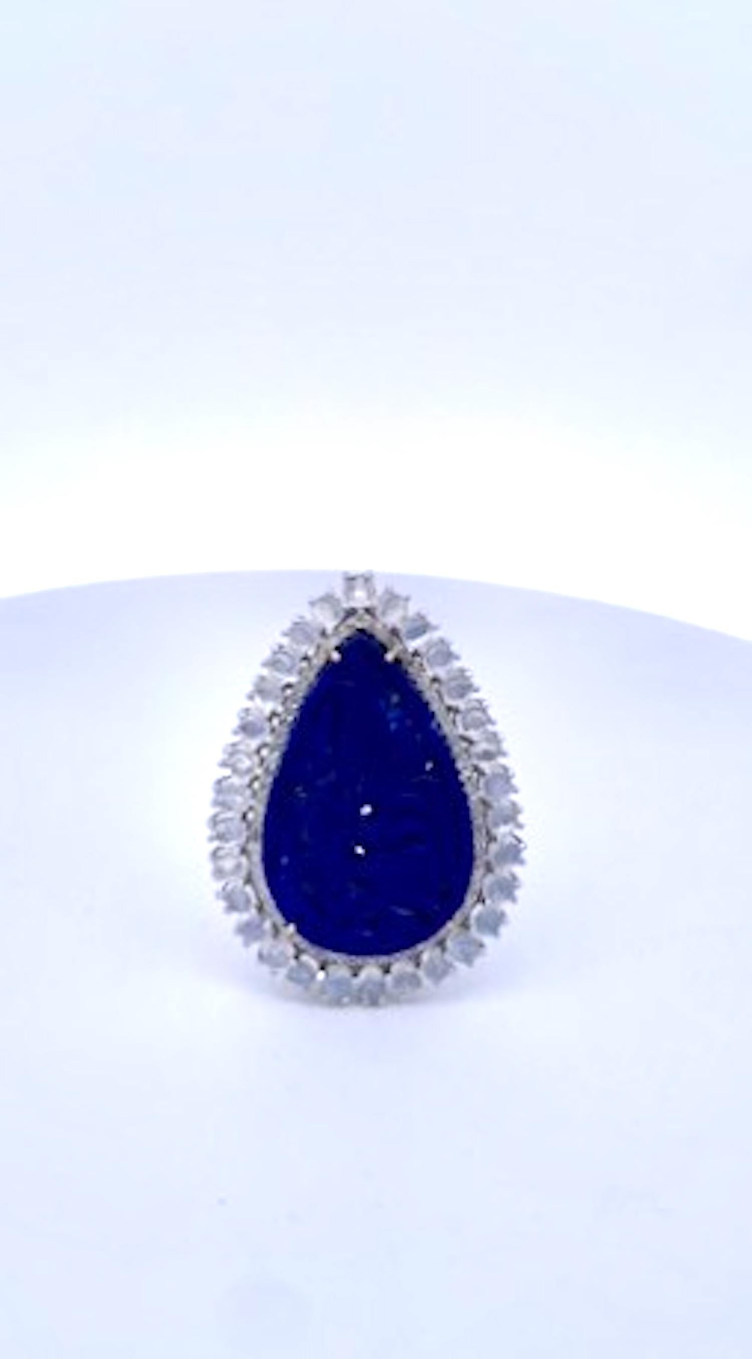 Anello con pietra di Lapis e diamanti intagliati 14K in vendita 4