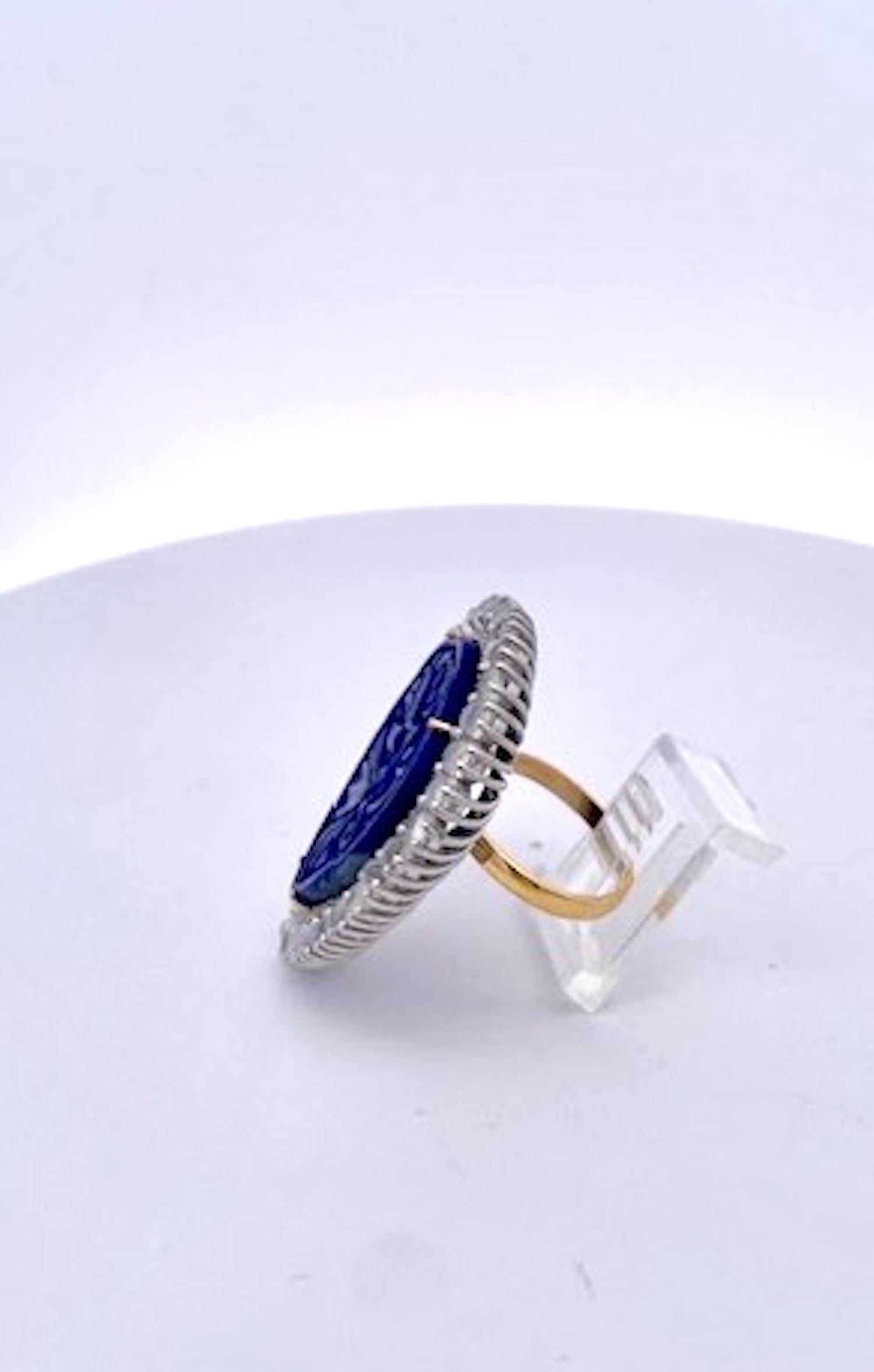 Anello con pietra di Lapis e diamanti intagliati 14K in vendita 5