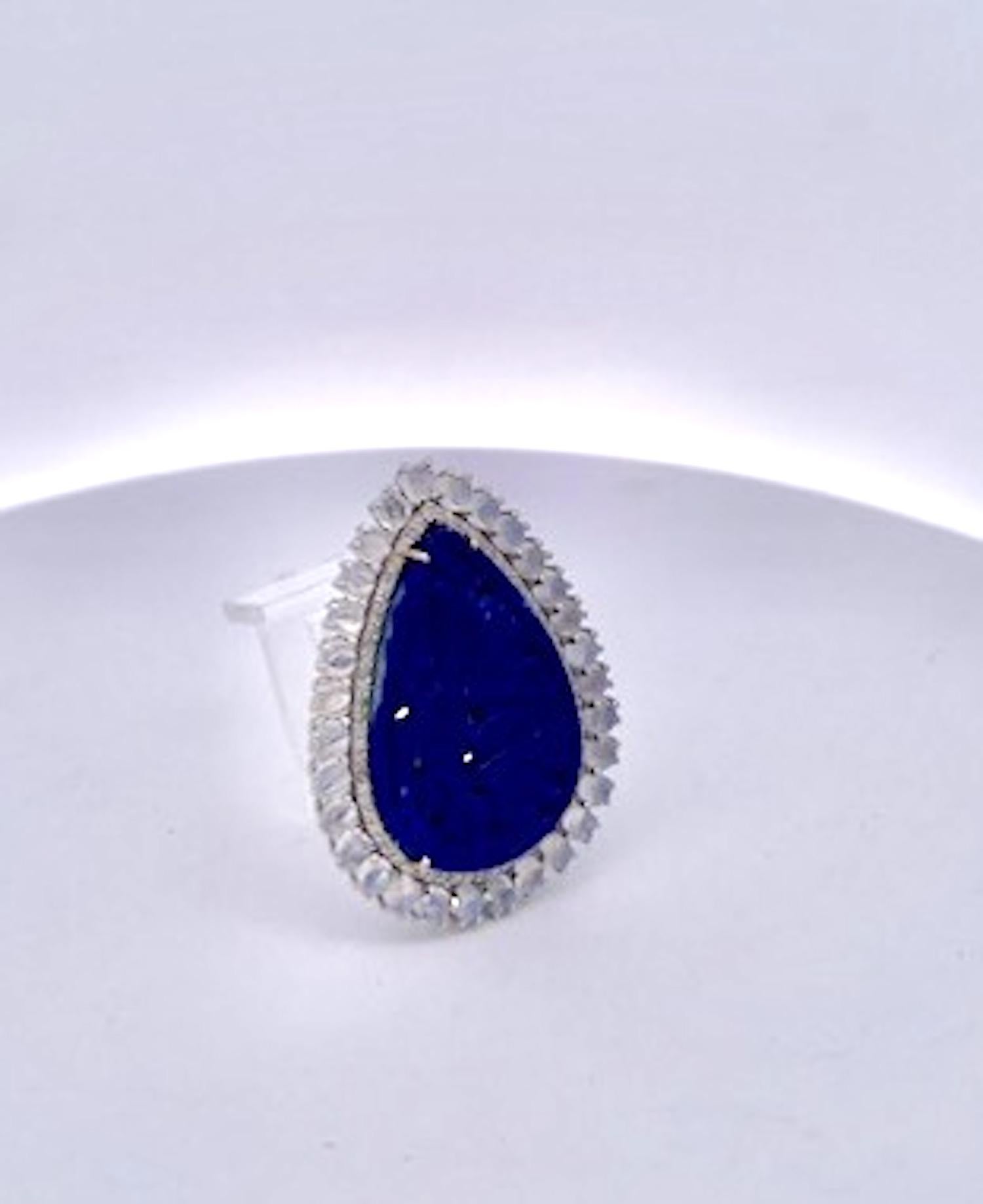 Anello con pietra di Lapis e diamanti intagliati 14K in vendita 7