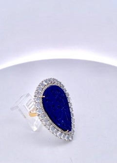 Carved Lapis 14K Gold Ring with Moonstone and Diamond, 24.56 Carats