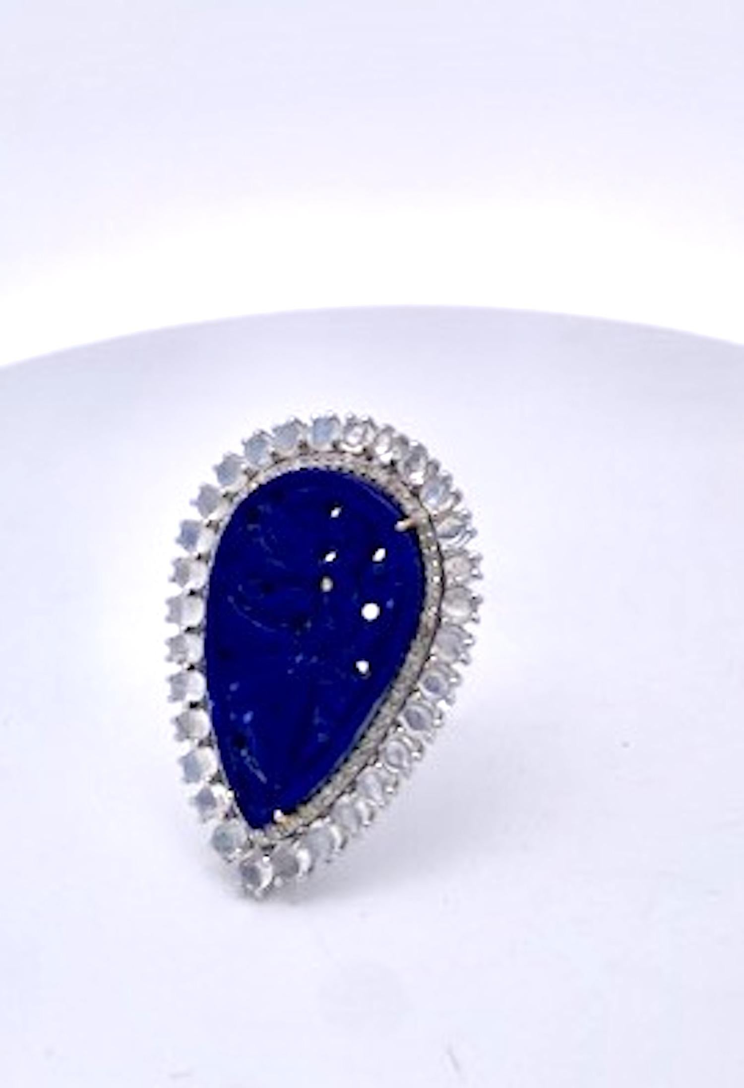 Contemporaneo Anello con pietra di Lapis e diamanti intagliati 14K in vendita
