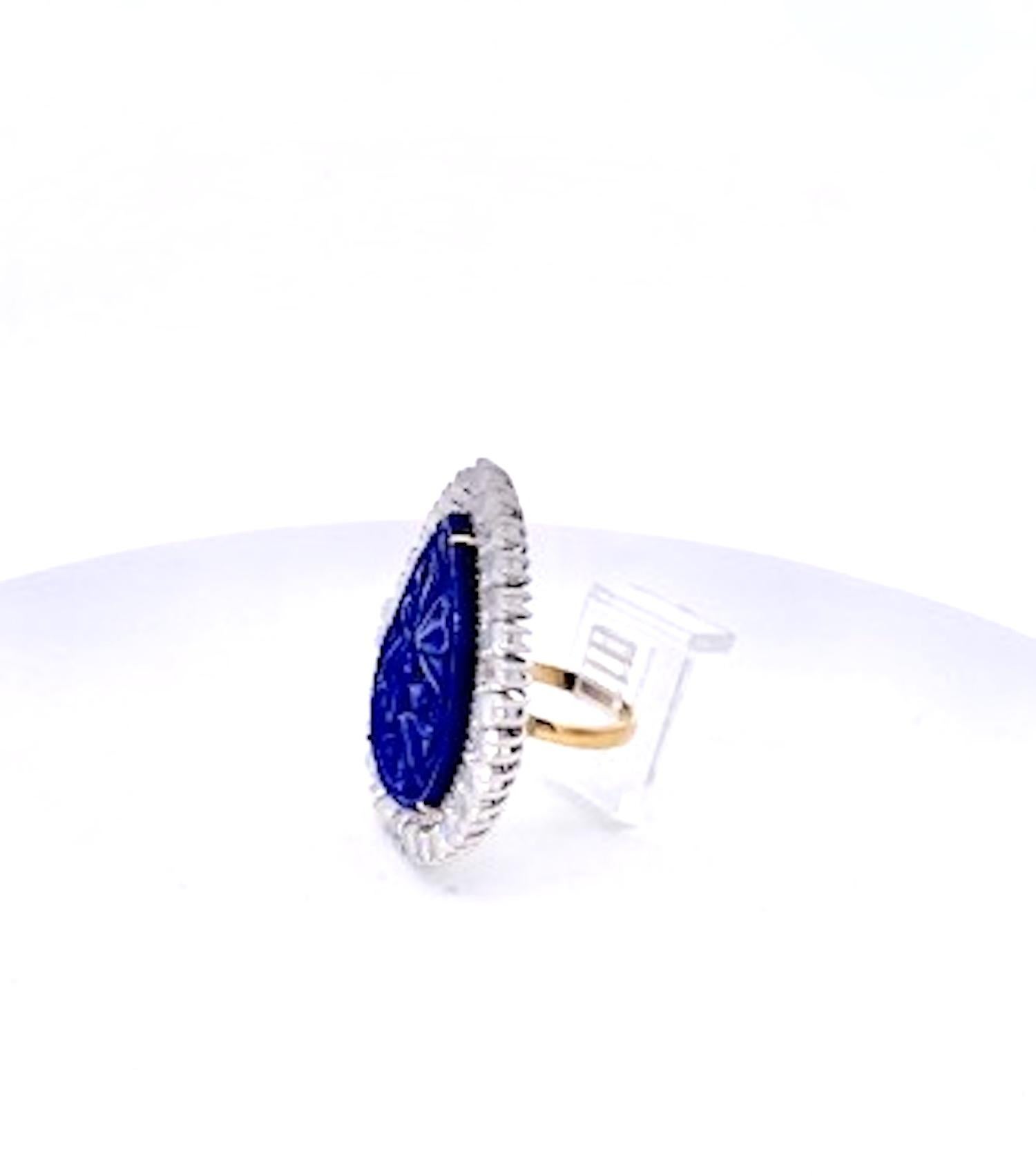 Donna Anello con pietra di Lapis e diamanti intagliati 14K in vendita