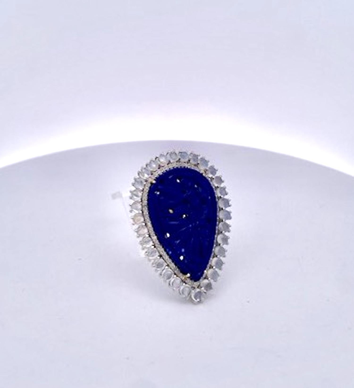 Anello con pietra di Lapis e diamanti intagliati 14K in vendita 2