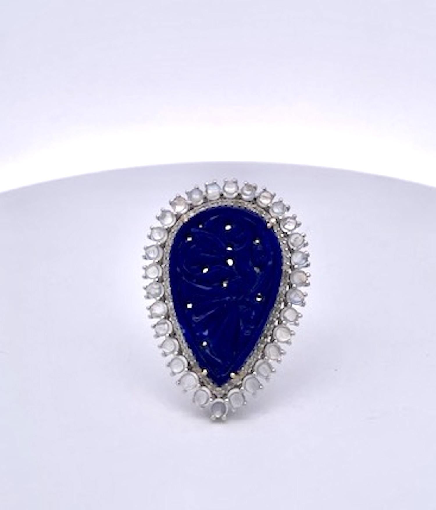 Anello con pietra di Lapis e diamanti intagliati 14K in vendita 3