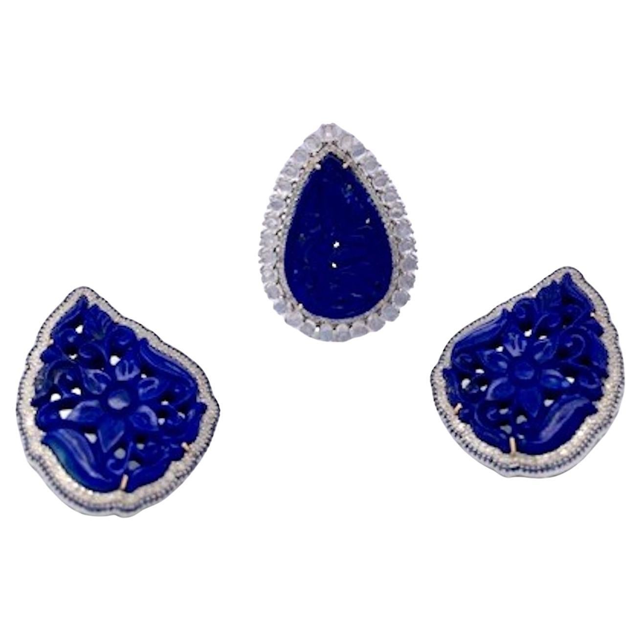 Anello con pietra di Lapis e diamanti intagliati 14K in vendita