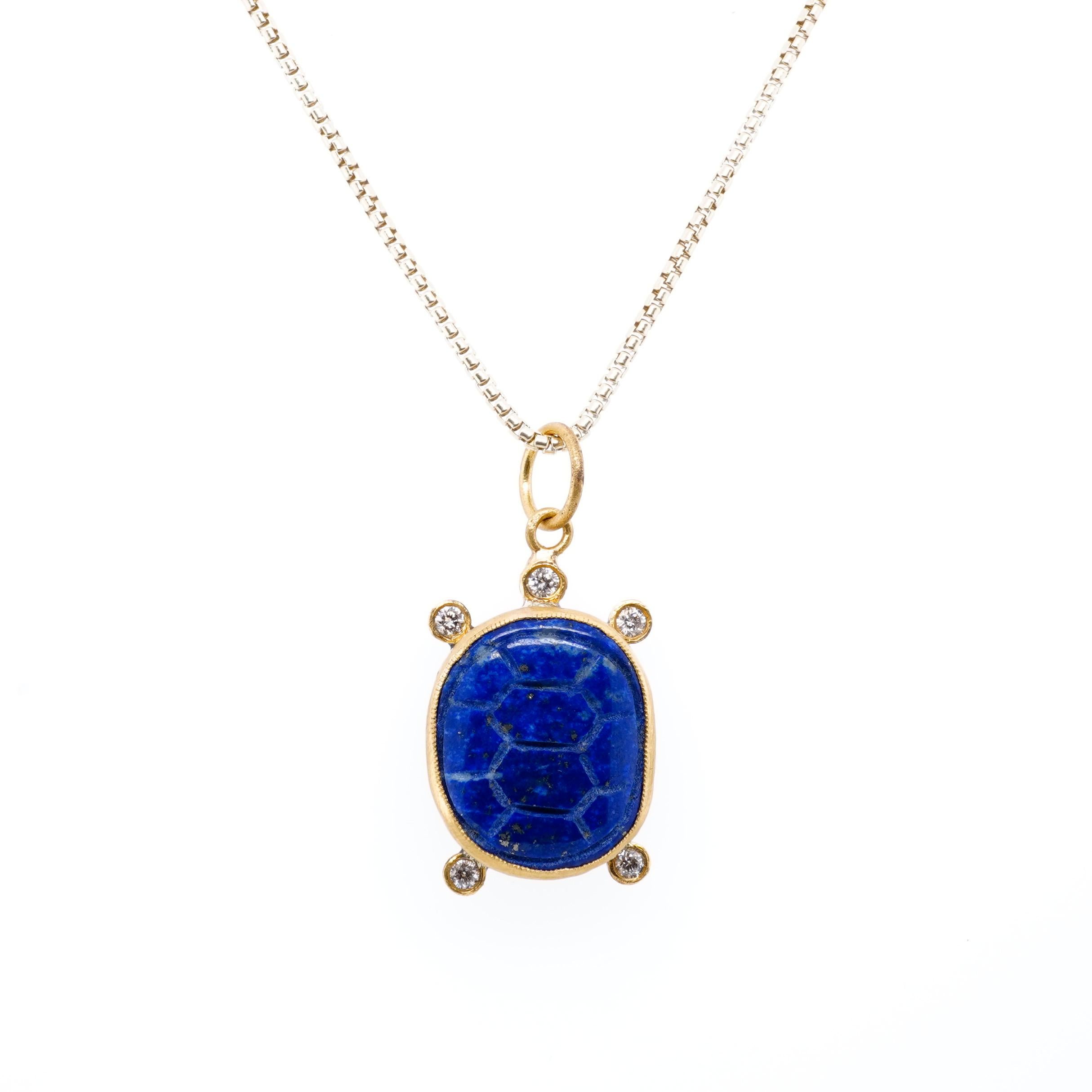 Carved Lapis Turtle Charm Amulet Pendant Necklace with Diamonds, 24kt Gold and Silver by Prehistoric Works of Istanbul, Turkey. Lapis - 10.90cts, Diamonds - 0.011cts. These pendants pair well alone or with other coin pendants or with miniature