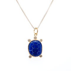 Carved Lapis Turtle Charm Amulet Pendant Necklace, Diamonds, 24kt Gold & Silver