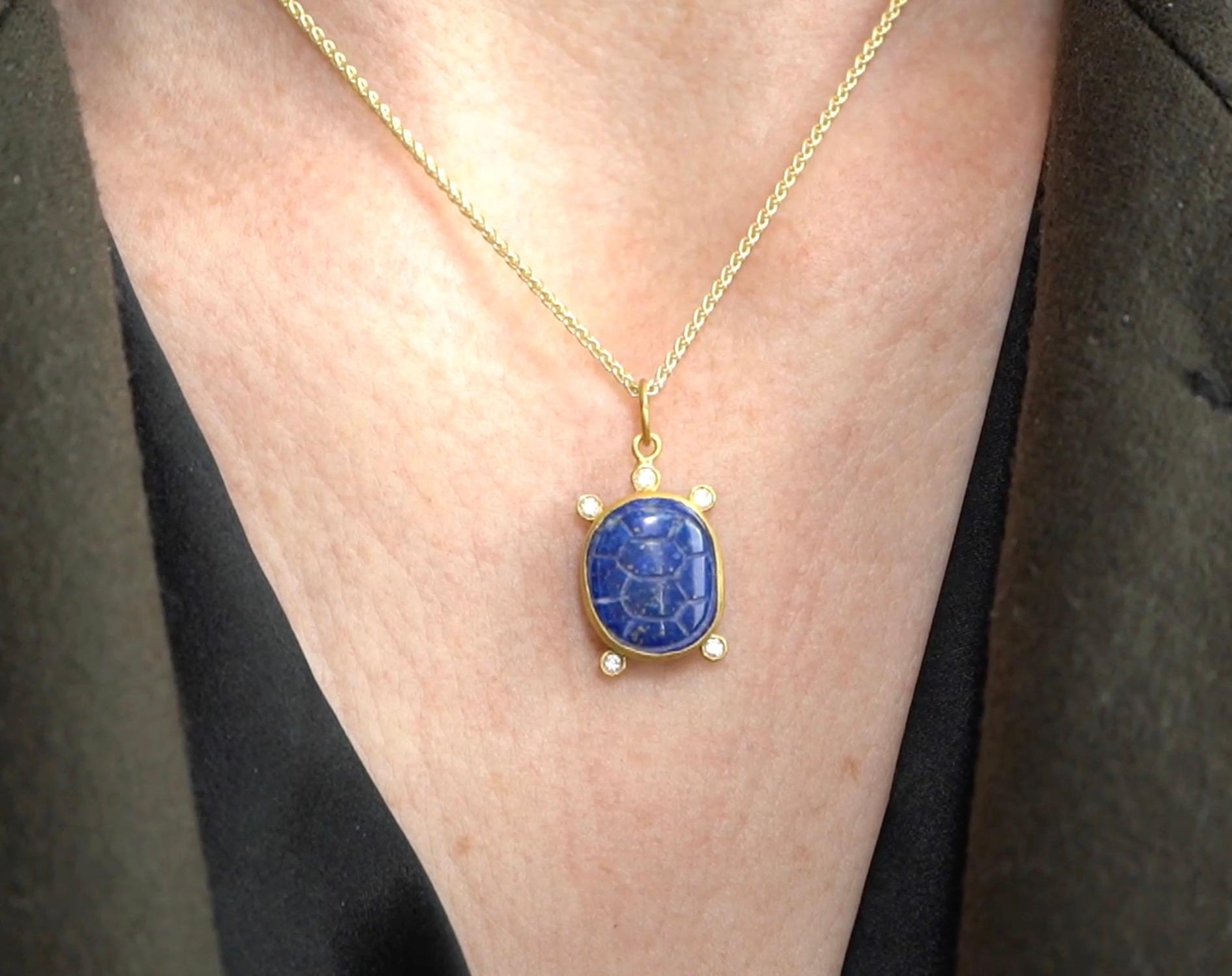 Contemporary Carved Lapis Turtle Charm Amulet Pendant Necklace, Diamonds, 24kt Gold & Silver For Sale