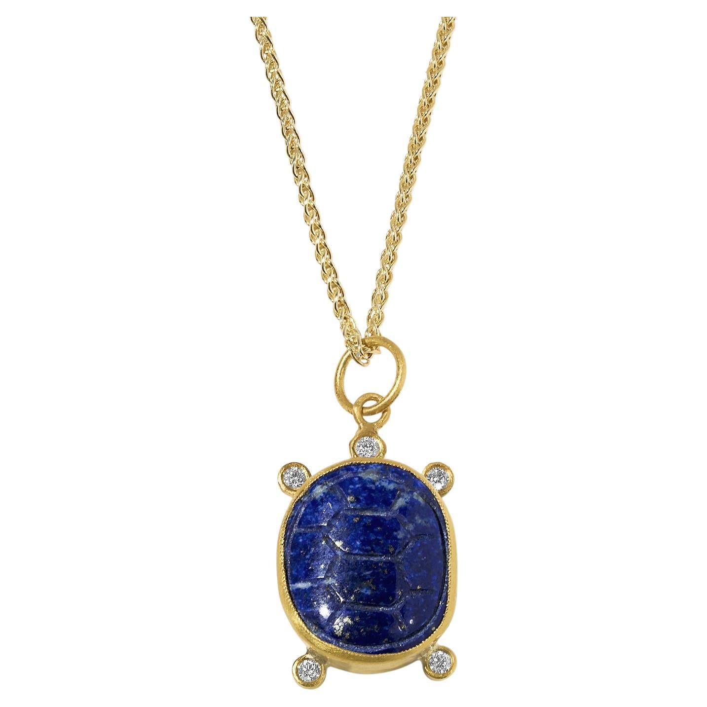 Carved Lapis Turtle Charm Amulet Pendant Necklace, Diamonds, 24kt Gold & Silver For Sale