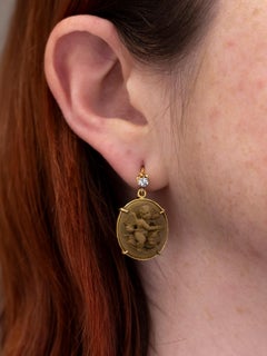 Carved Lava Cameo & Diamond Drop Earrings