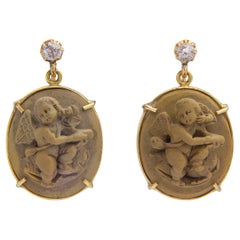 Carved Lava Cameo & Diamond Drop Earrings