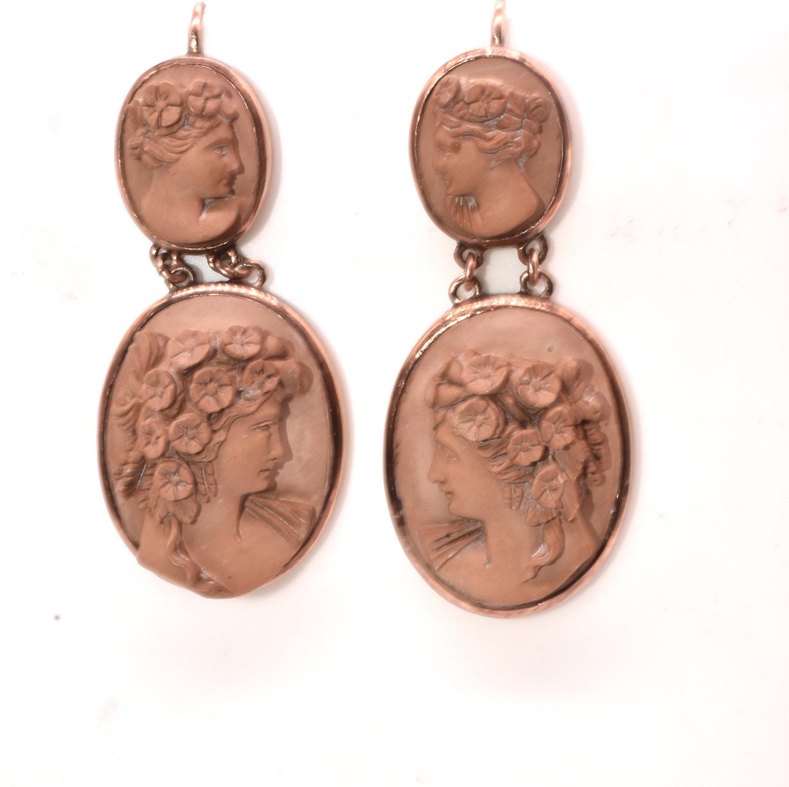 Carved Lava Cameo Earrings of Flora in the NeoClassical Tradition In Excellent Condition In Baltimore, MD