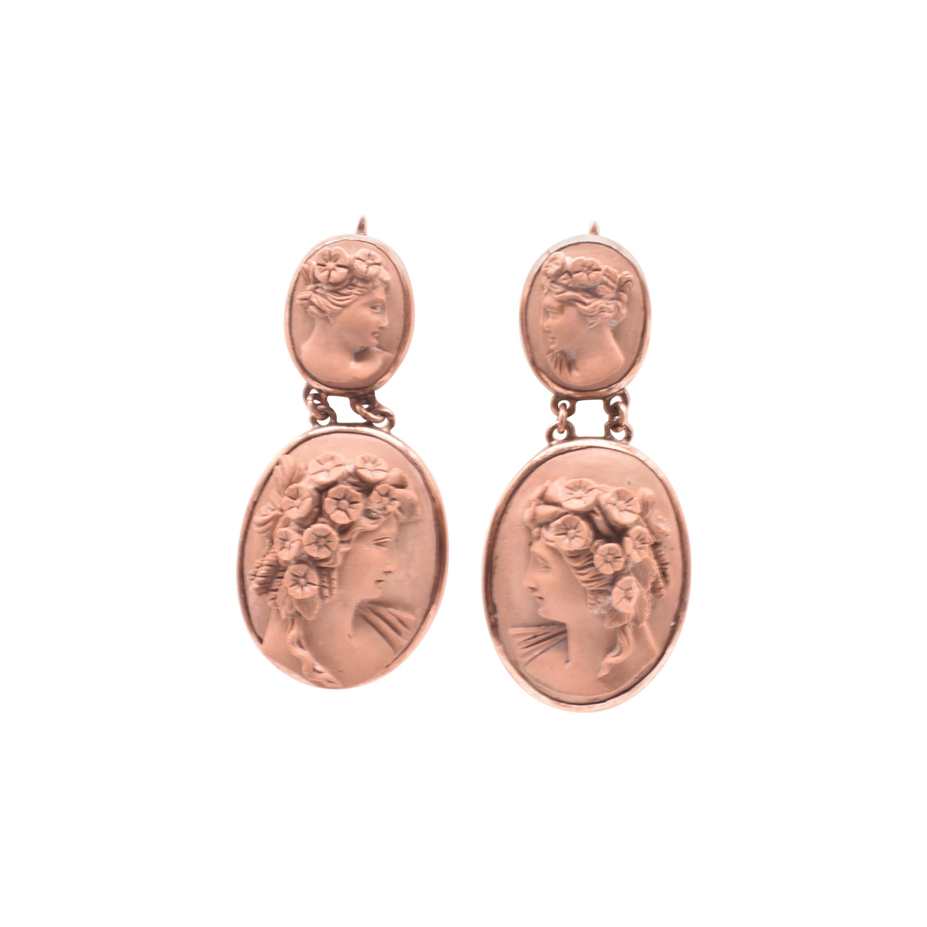 Carved Lava Cameo Earrings of Flora in the NeoClassical Tradition