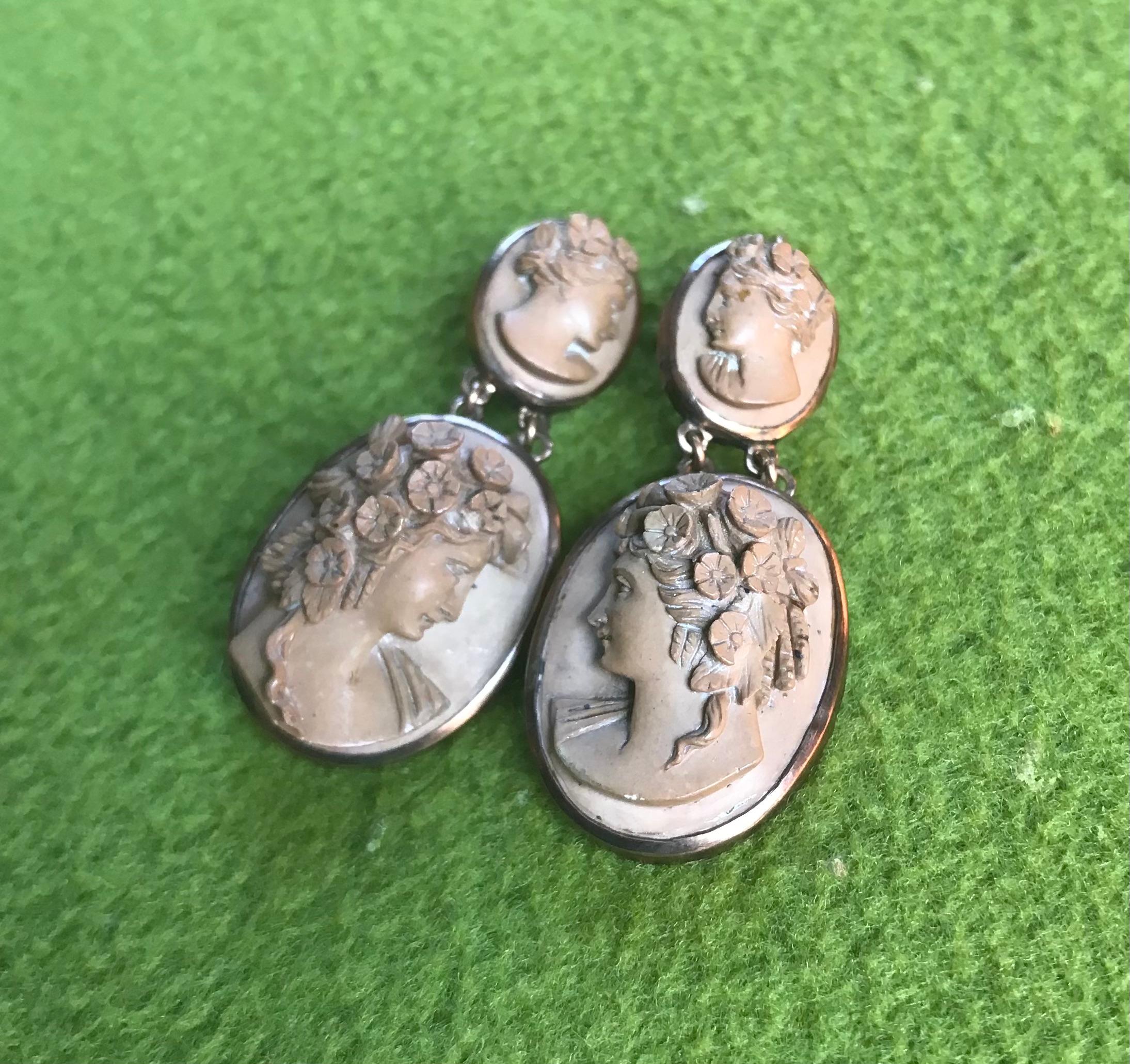 Carved Lava Cameo Earrings of Flora in the NeoClassical Tradition 4