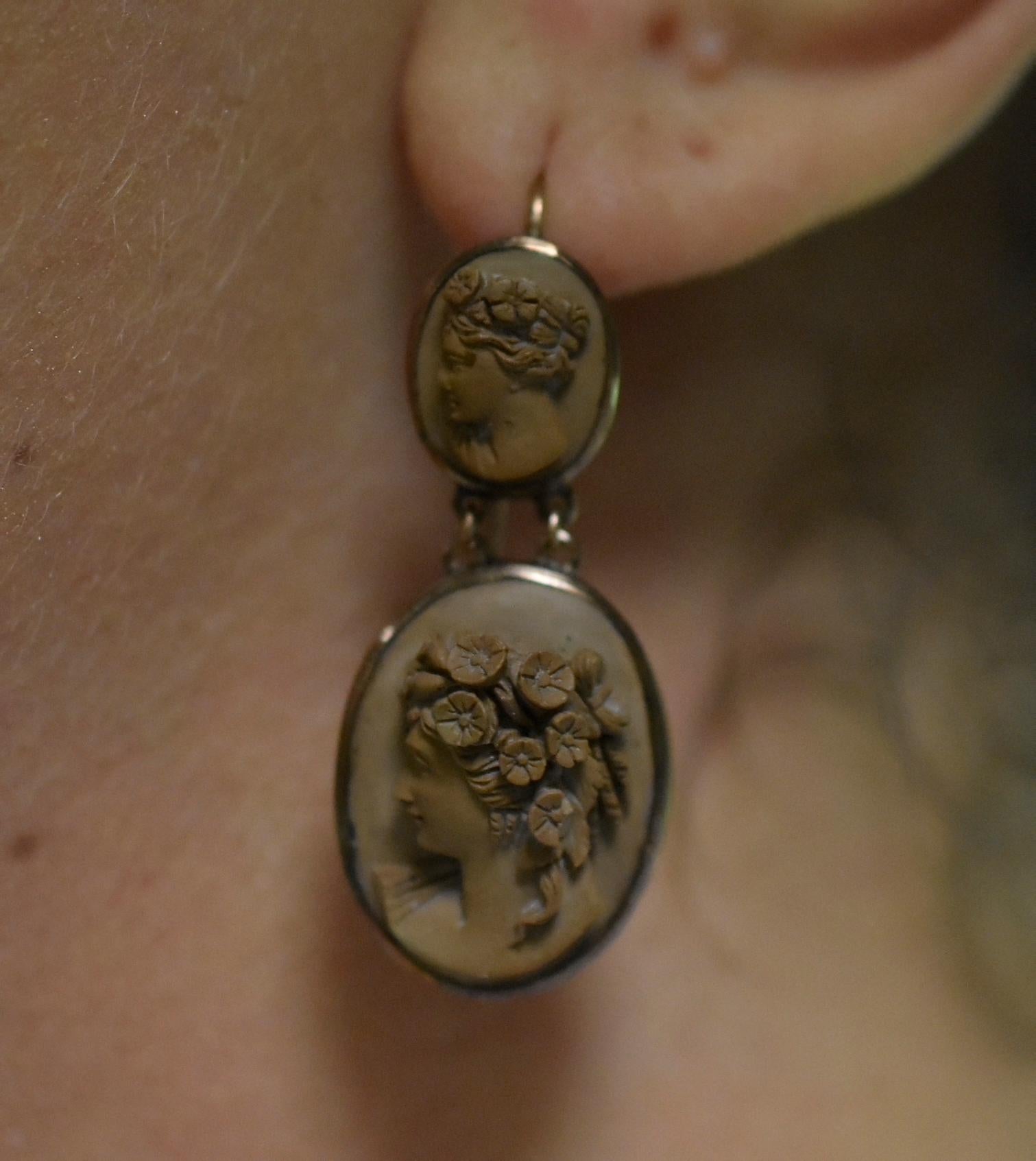 Women's or Men's Carved Lava Cameo Earrings of Flora in the NeoClassical Tradition