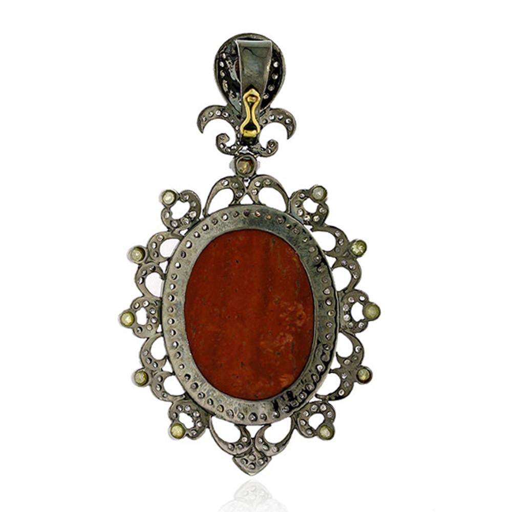Mixed Cut Carved Lava Cameo Pendant with Ice Diamond & Pave Diamonds For Sale