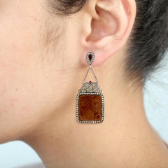Carved Lava Quartz Earring With Ruby & Diamonds Made in 18k Yellow Gold & Silver
