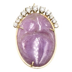 Carved Lavender Jade and Diamond Gold Necklace Pendant