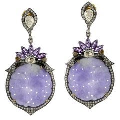 Carved Lavender Jade Earring With Amethyst and Diamonds In 18k Gold
