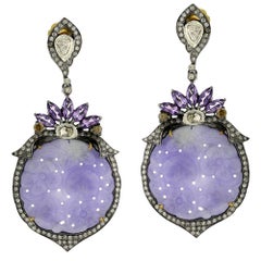 Carved Lavender Jade Earring with Amethyst and Diamonds