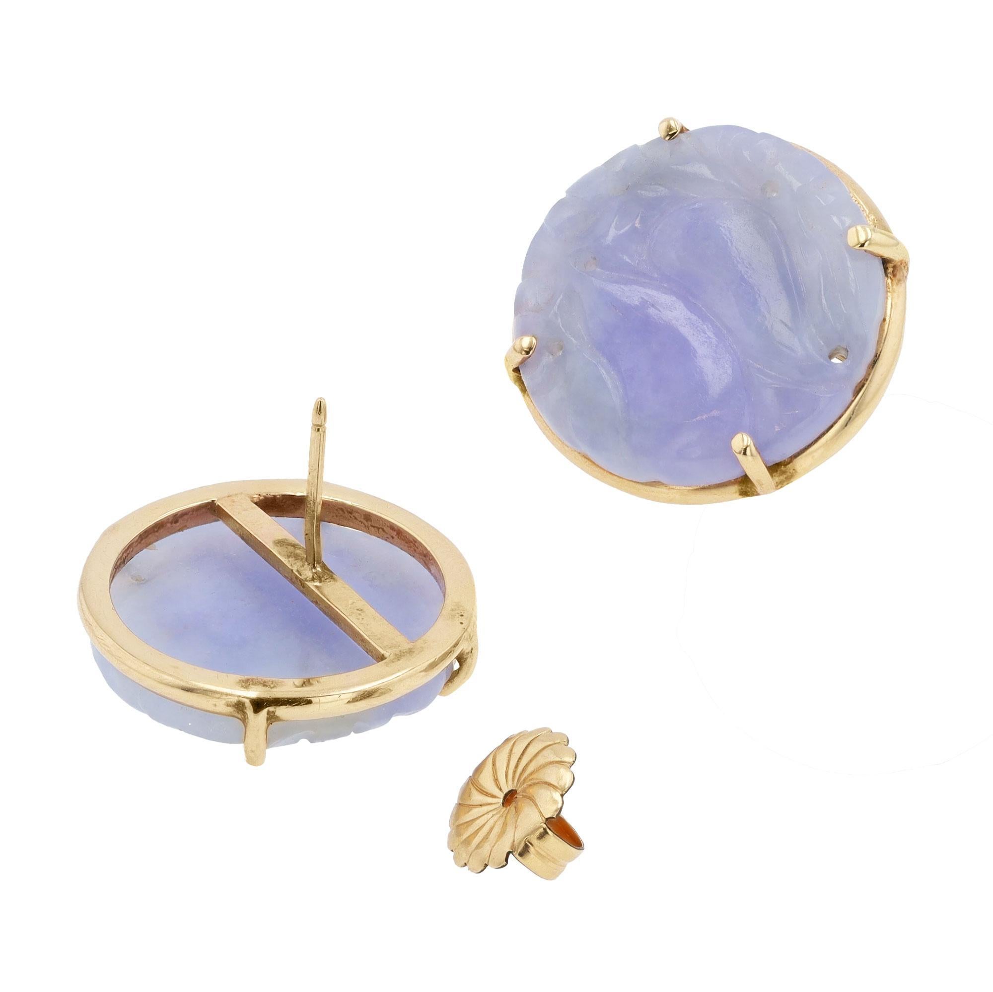 Retro Carved Lavender Jade Shield Earrings