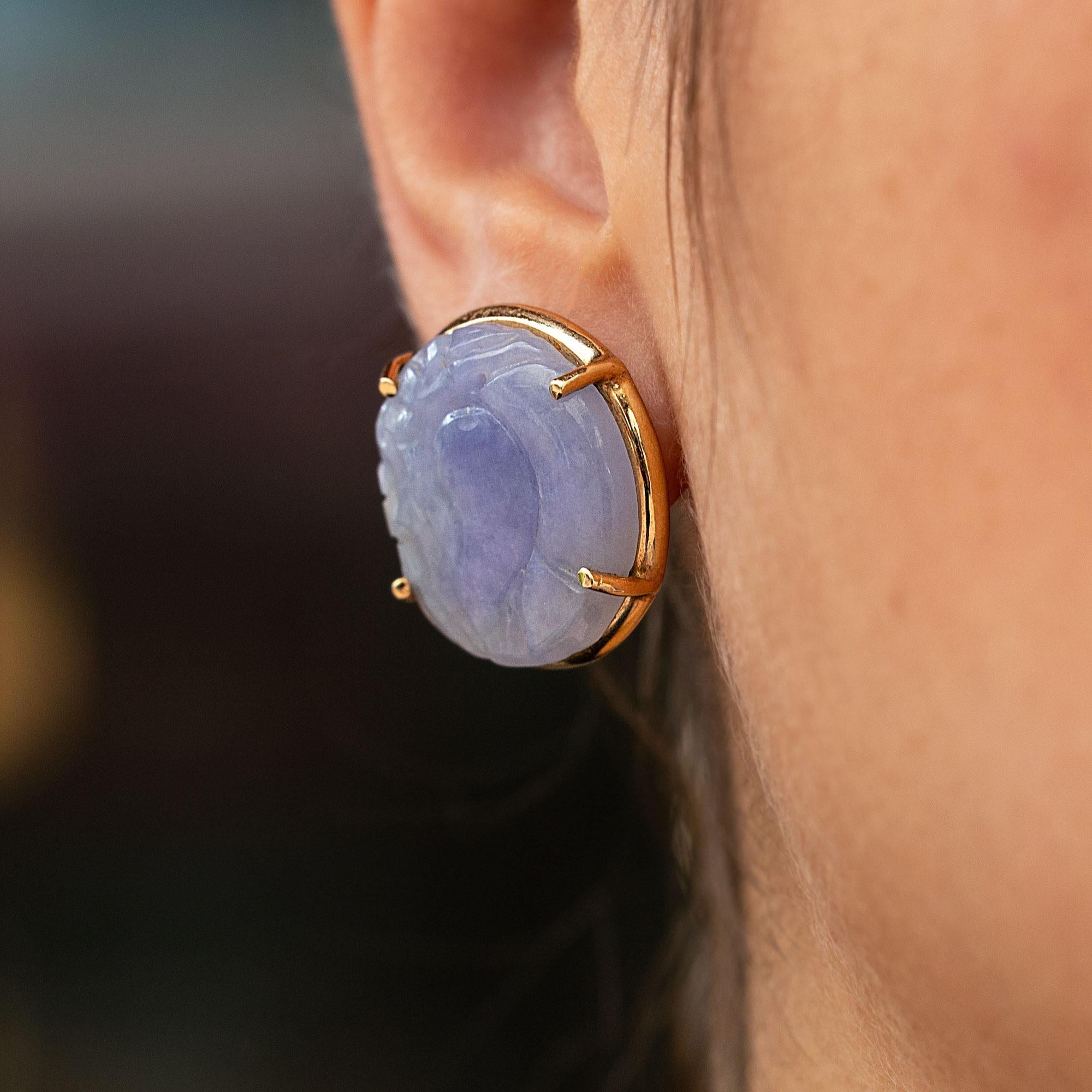 Round Cut Carved Lavender Jade Shield Earrings