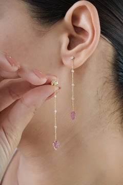 Carved Leaf Pinkl Tourmaline & Diamond Long Chain Drop Earrings 14K Yellow Gold