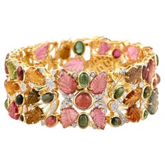Carved Leaf Tourmaline Diamond 14K Gold Tutti Frutti Bracelet Cuff