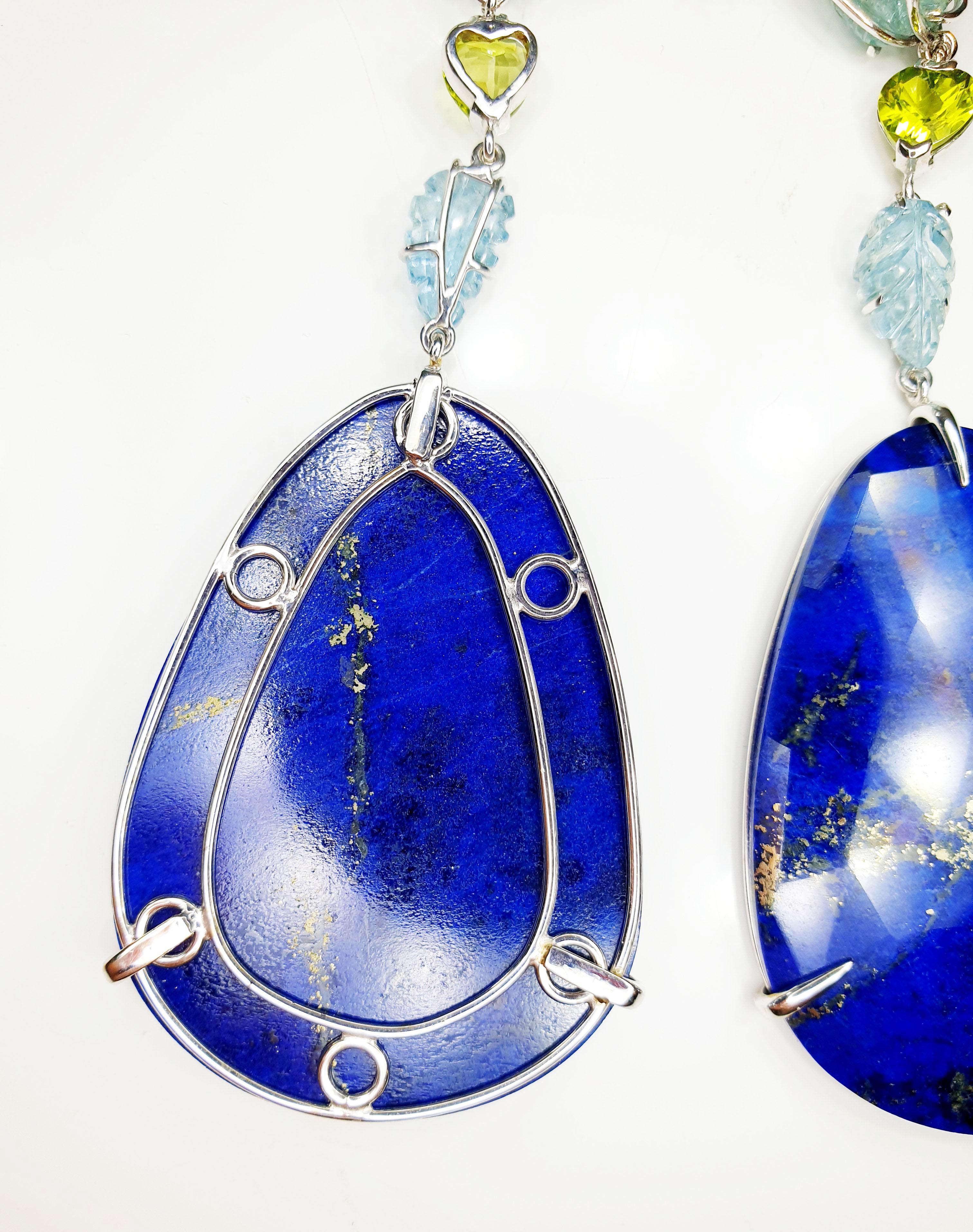Contemporary Carved Leafs Aquamarines Peridot in 18k Gold Earrings with Lapis Lazuli Drops For Sale