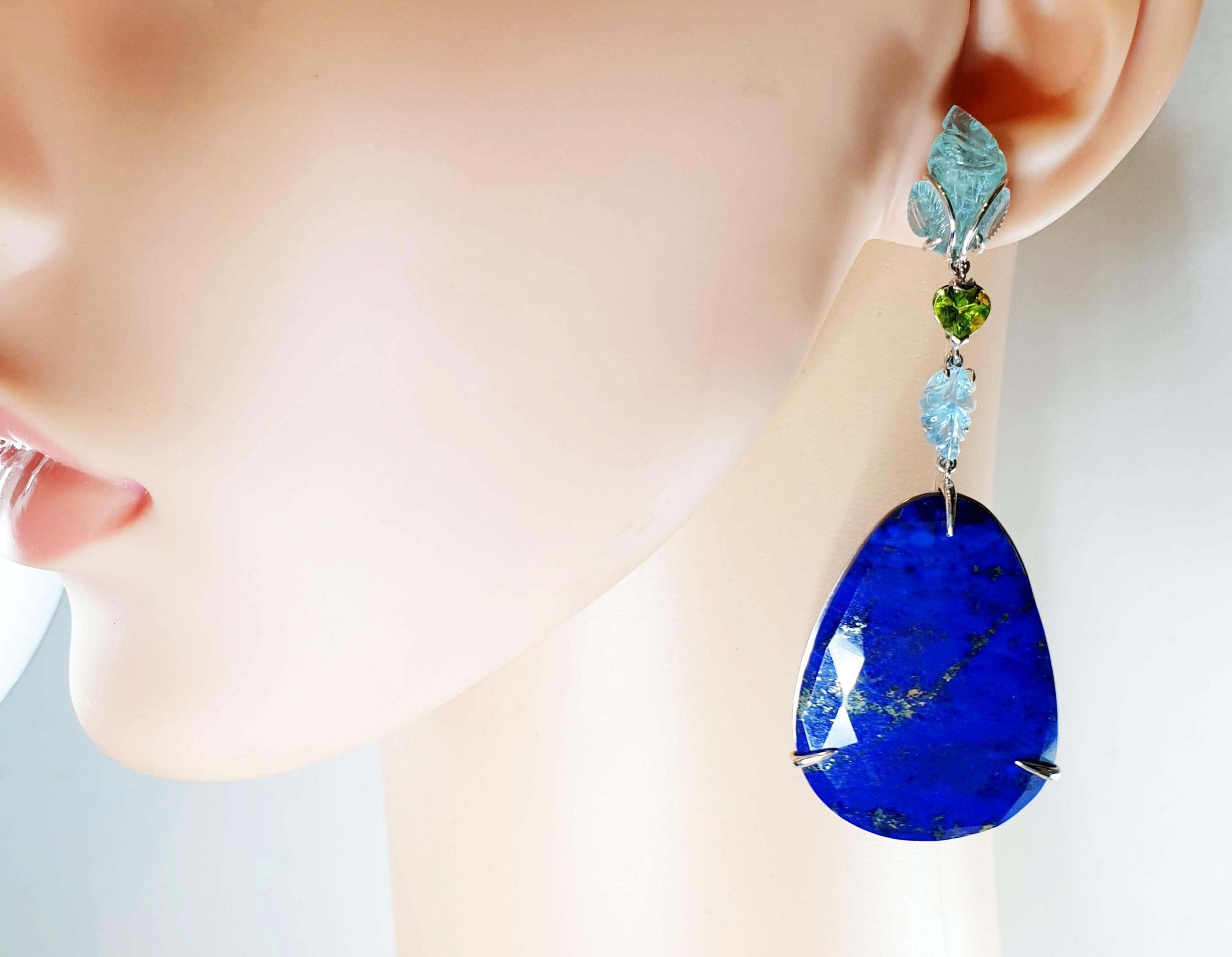 Carved Leafs Aquamarines Peridot in 18k Gold Earrings with Lapis Lazuli Drops For Sale 1