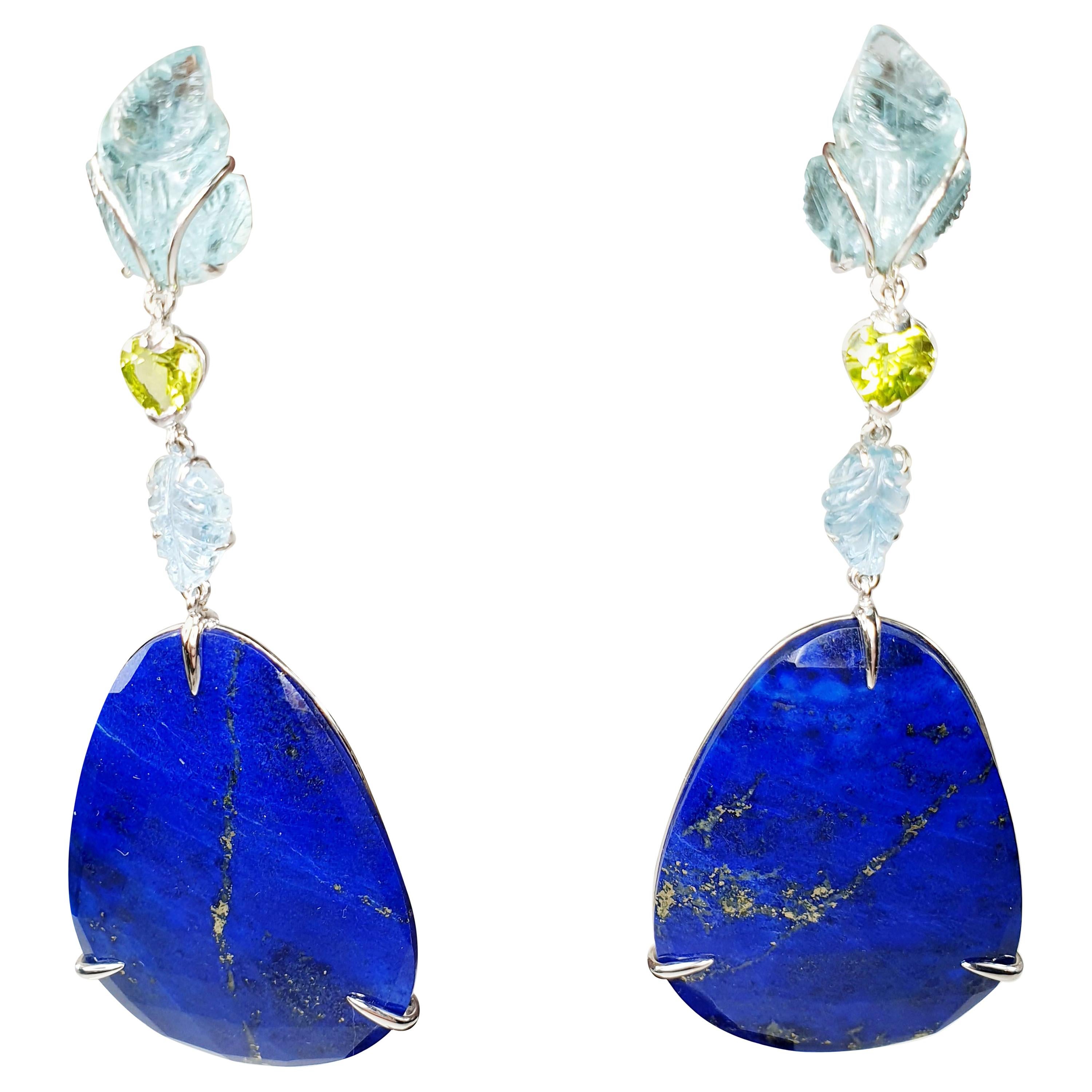 Carved Leafs Aquamarines Peridot in 18k Gold Earrings with Lapis Lazuli Drops For Sale
