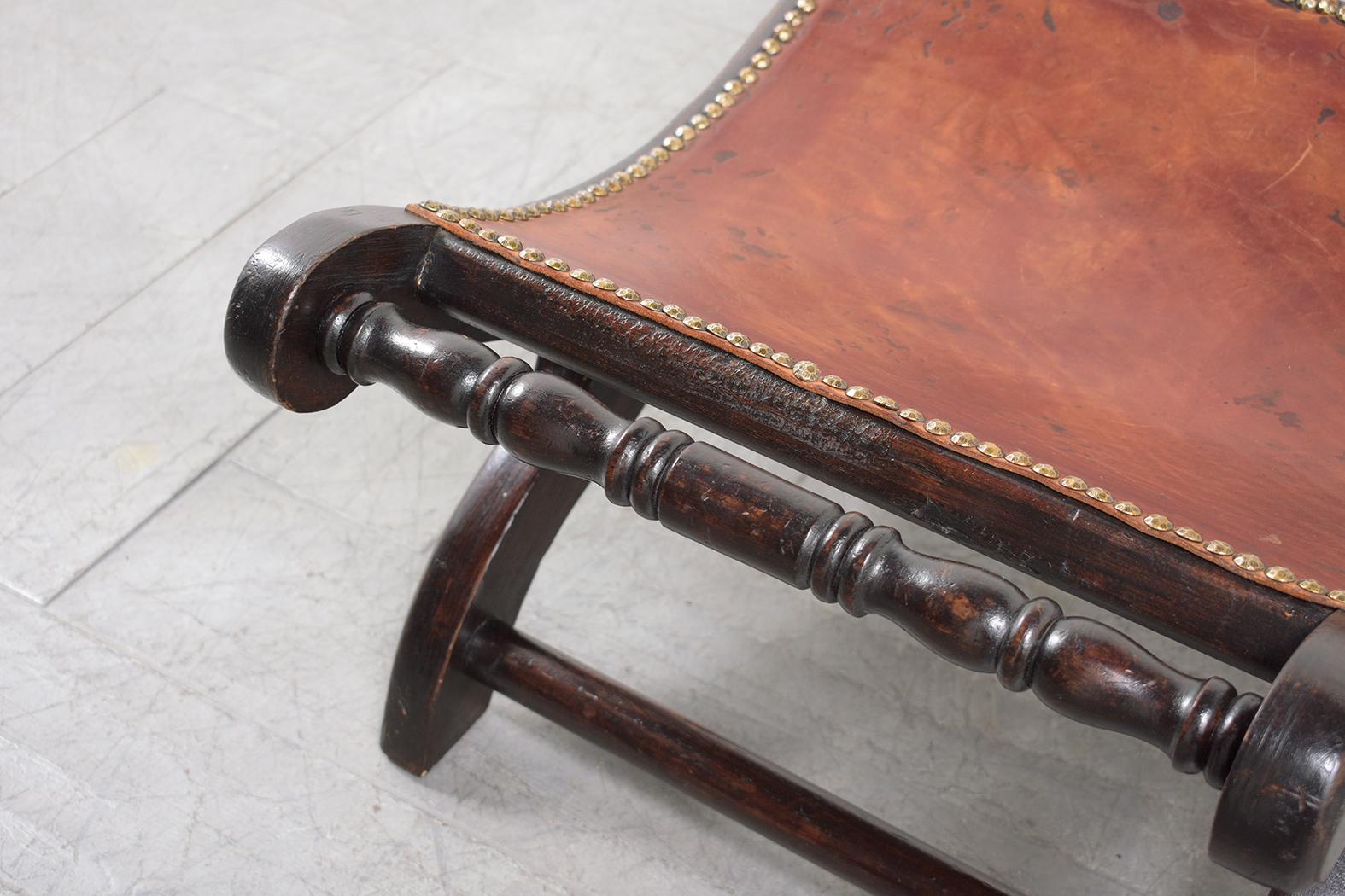 Stained 1960s Restored Baroque-Style Wooden Bench with Brass Nailhead Trim For Sale