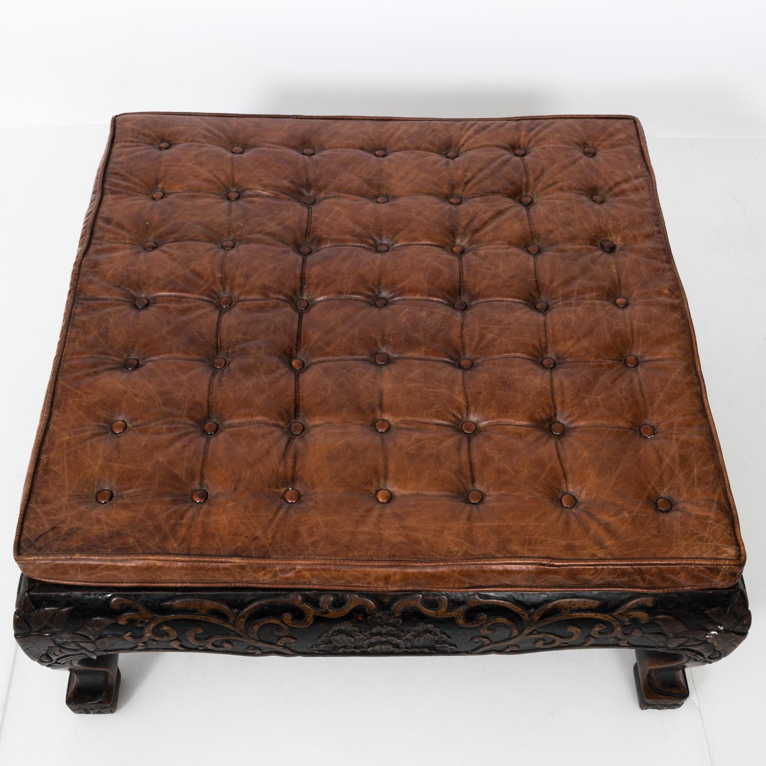 Carved Leather Tufted Ottoman In Good Condition In Stamford, CT