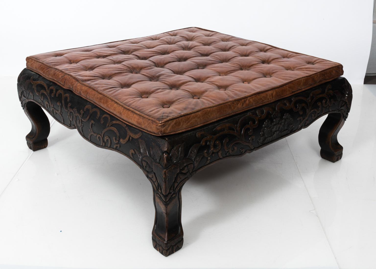 20th Century Carved Leather Tufted Ottoman