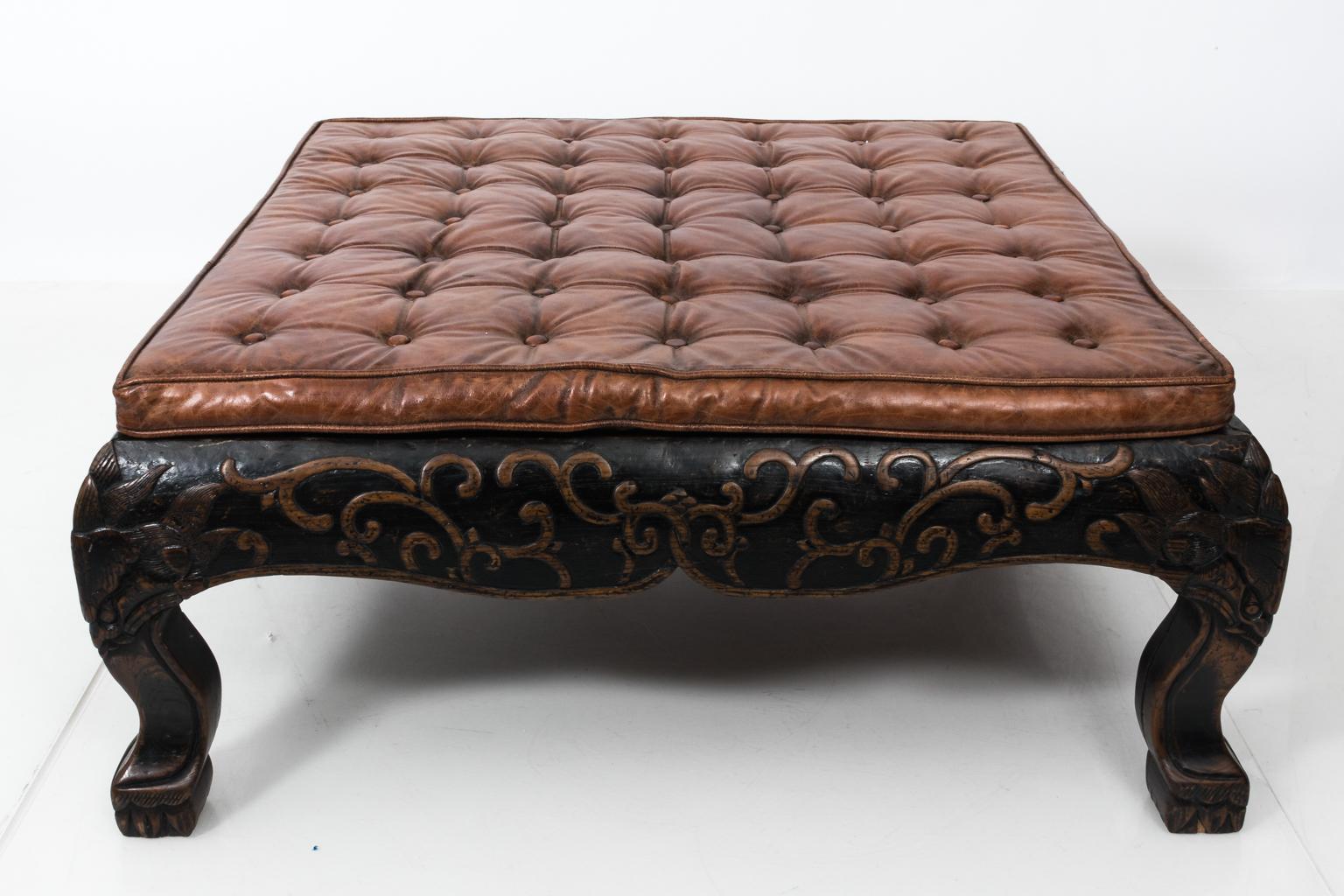 Carved Leather Tufted Ottoman 2