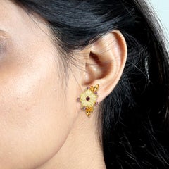 Carved Lemon Quartz Amethyst Sapphire Diamond Floral Earrings 18K Gold