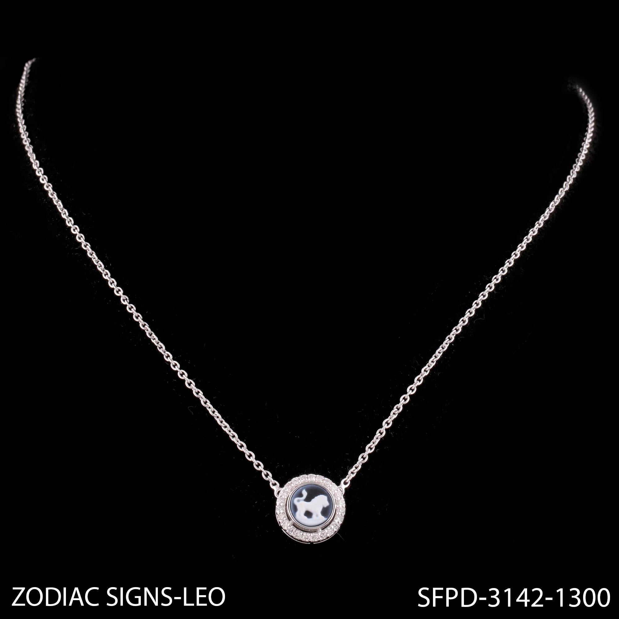 Leo Zodiac Diamond Halo Charm Anhänger Halskette 14 Karat Weißgold geschnitzt im Angebot 3