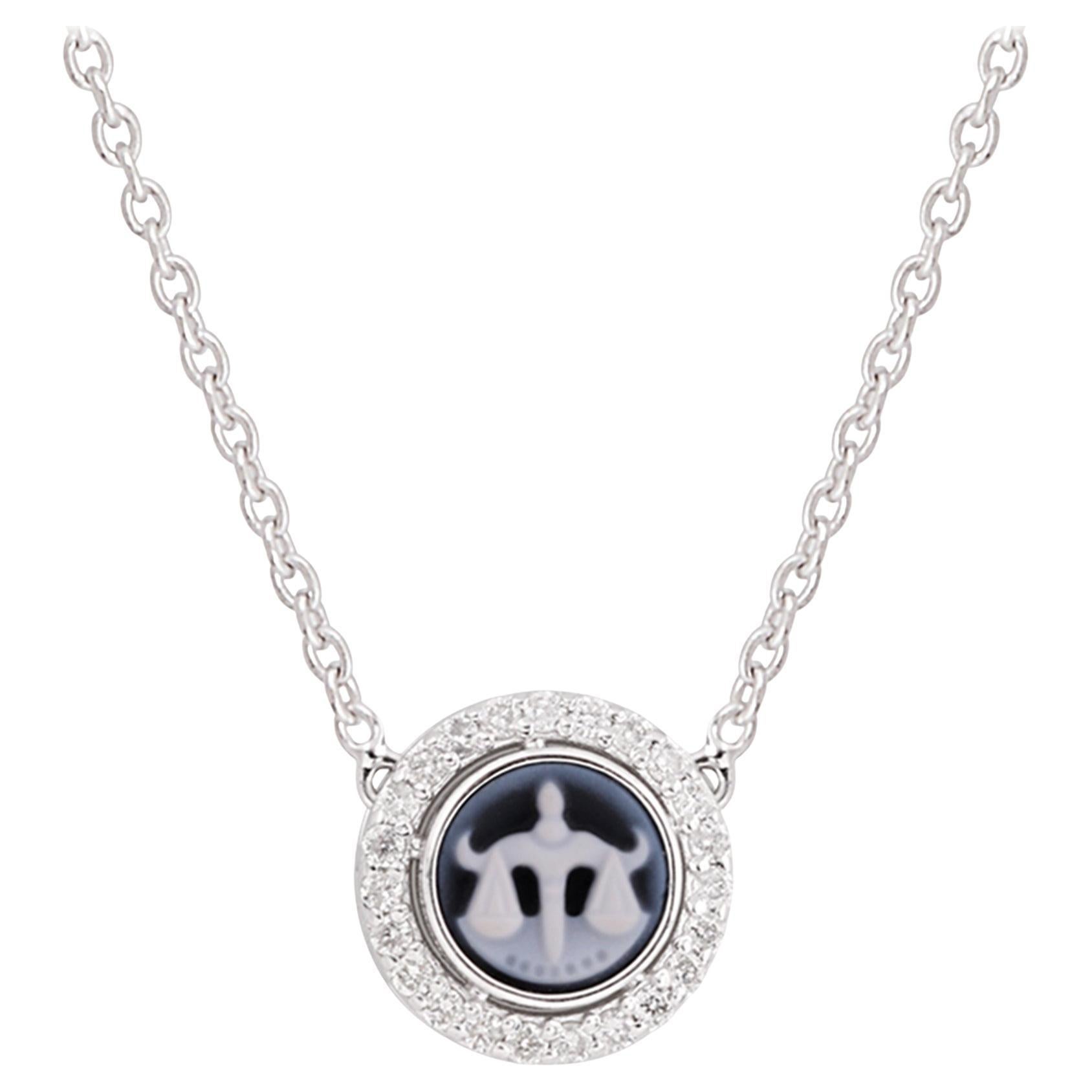 Carved Libra Zodiac Diamond Pave 14 Karat White Gold Charm Pendant Necklace