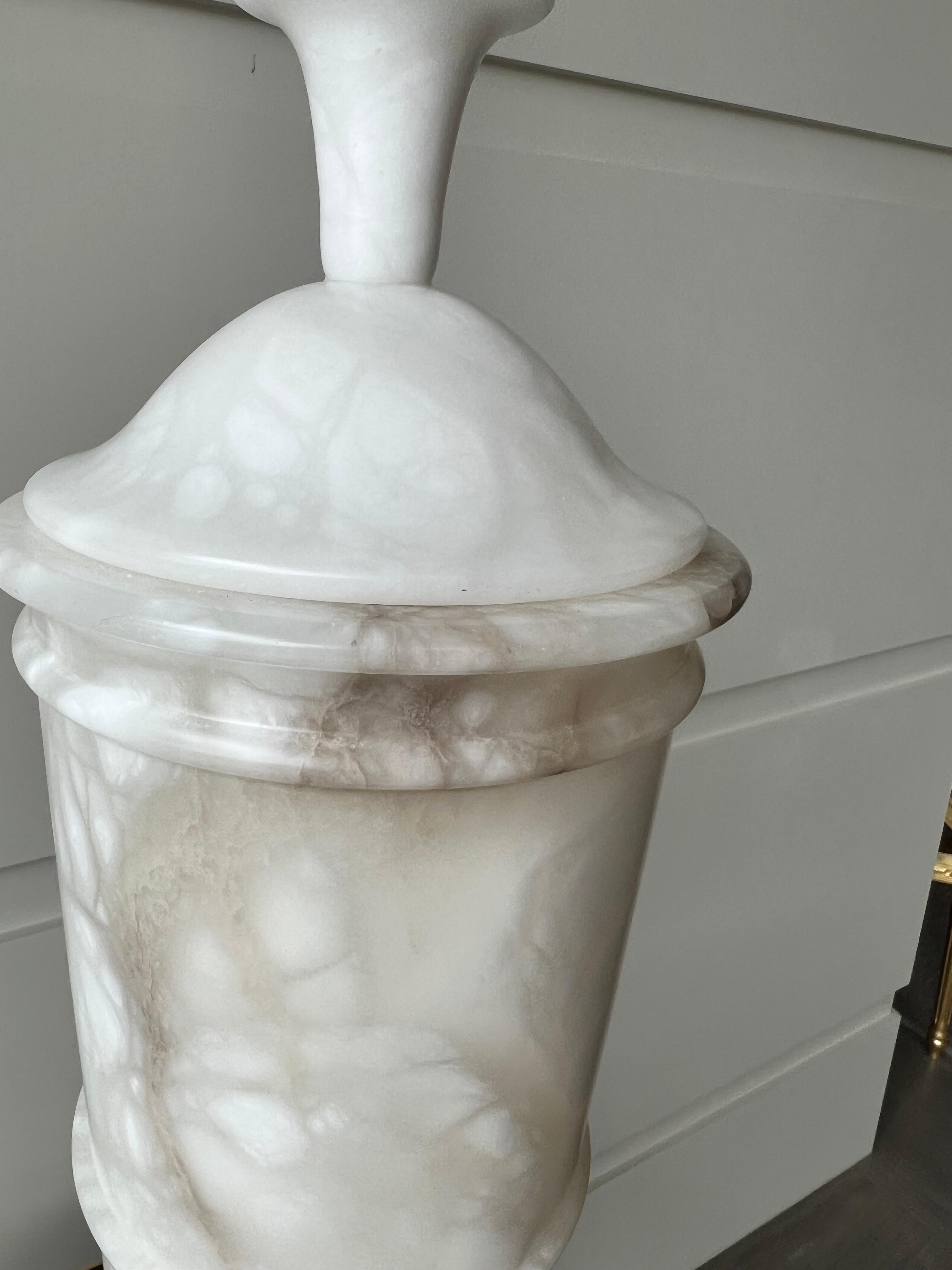 This beautiful carved lidded alabaster tall urn has a light source inside that glows through the white veined alabaster.
Perfect for an entry table or in a powder room for that soft old world glow.