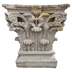 Carved Limestone Corinthian Pilaster Capital Console Table