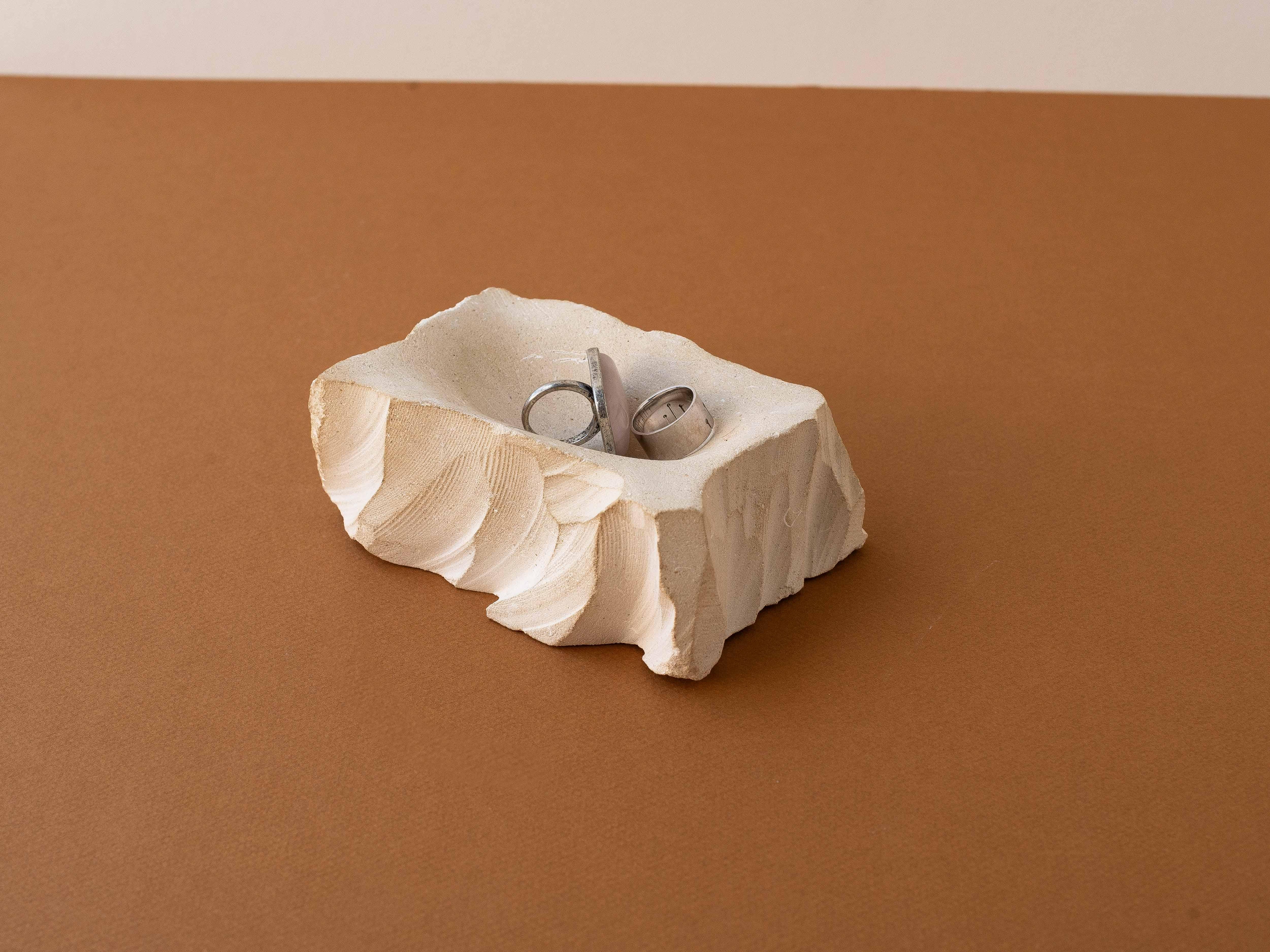 Mid-Century Modern Carved Limestone Decorative Bowl - Stone Vide Poche - France 1970s For Sale