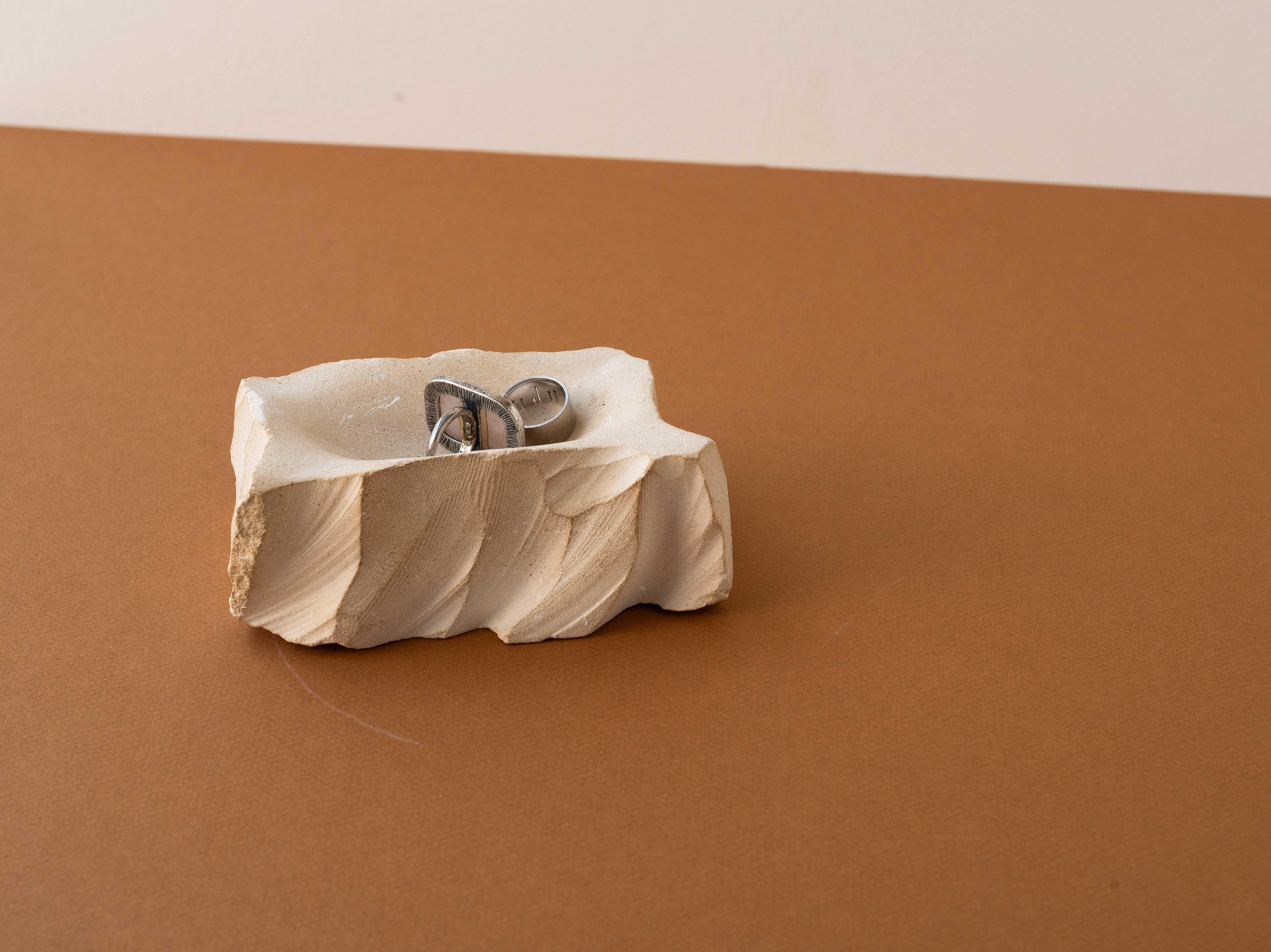 French Carved Limestone Decorative Bowl - Stone Vide Poche - France 1970s For Sale