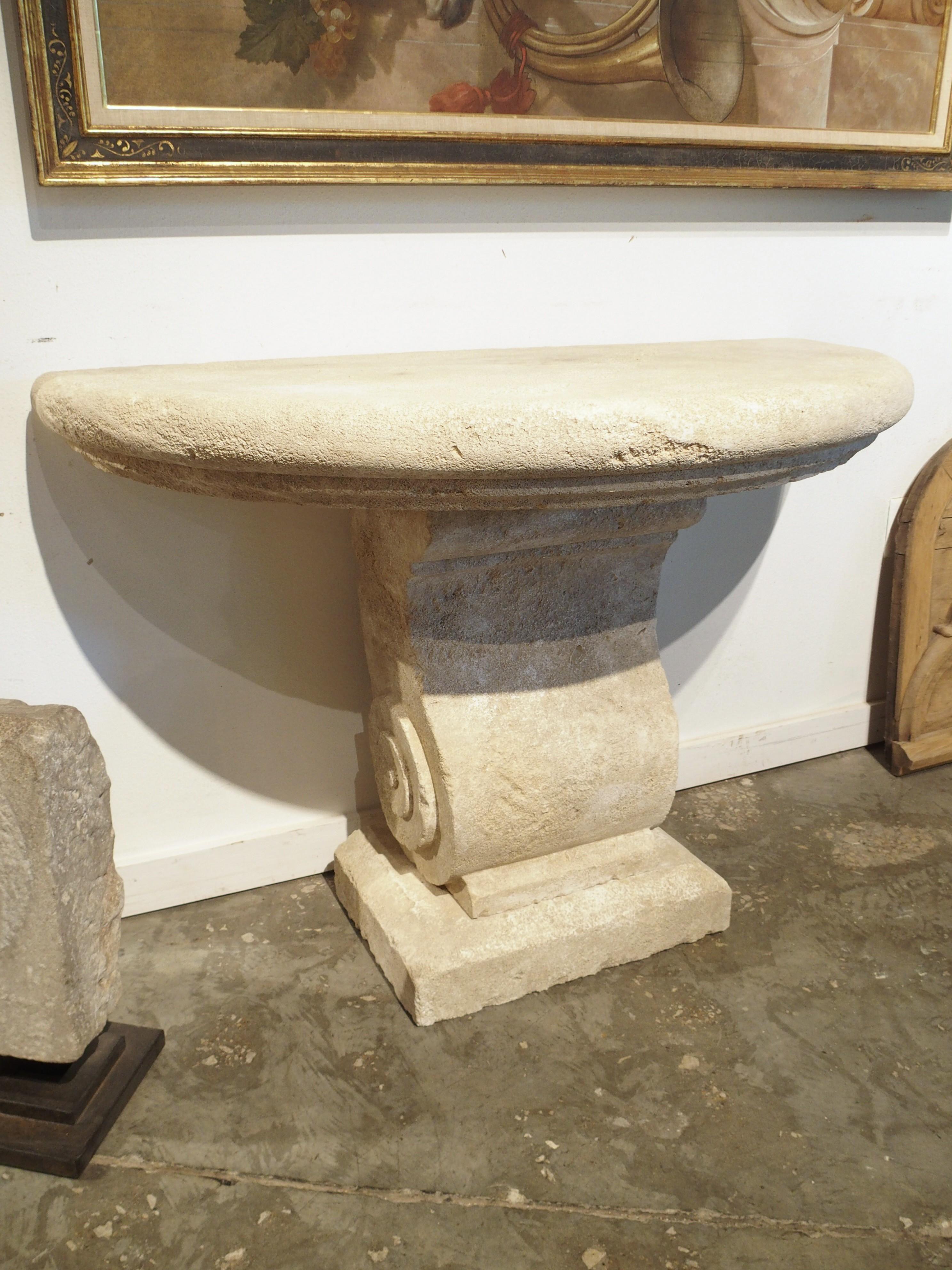Carved Limestone Demi-Lune Console Table from the South of France For Sale 6